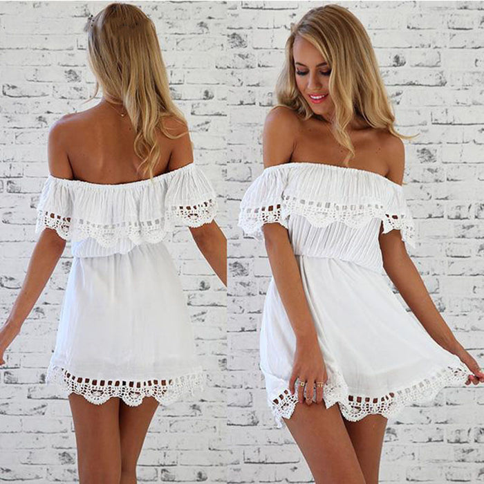 VenusFox Off Shoulder Strapless Sexy White Lace Dress