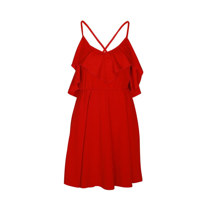 VenusFox Backless Cross Drawstring Ruffles Bundle Waist V-neck Strap Mini Dress Summer Red Vintage