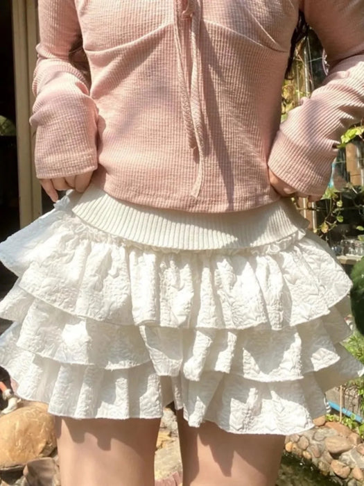 Women Kawaii Lolita Shorts Skirt 2024 Summer Ruffles Layered Patchwork High Waist Mini Skirts Girl Sweet White Pleated Skirt
