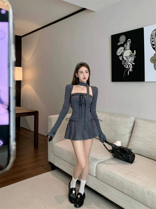 Korean Chic Spicy Girl Long Sleeve Cardigan Slim Fit Tube Top Bow High Waist Pleated Short Skirt Set Two Piece Set Women Outfits