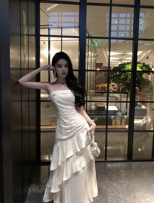 French Elegant Ruffles Sling Women's Mermaid Dresses Prom Gown Soild Zipper Tierred Shoulder Dress 2025 Summer Chic New Vestidos