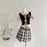 Summer Women Korean Shoujo Idols 2000s Gyaru Outfits 2 Piece Set Short Sleeve Crop Top With Tie + Mini Plaid Pleated Skirts