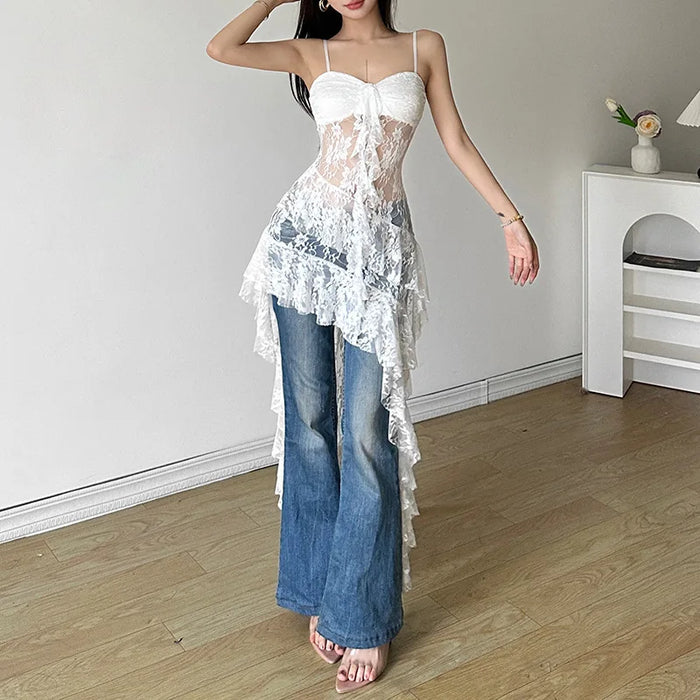 VenusFox Women Lace Irregular Long Dress Camis Sheath Sensual Sheer Dress Fashion Streetwear Hollow Out Ruffles Sexy Dresses