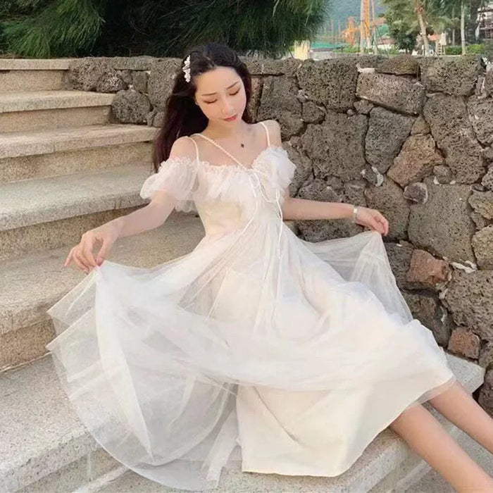 Mesh Dress Woman 2023 Summer Fairycore  Low Chest Off Shoulder Lace-Up White Dresses Women Sexy Sweet Spaghetti Strap Dress