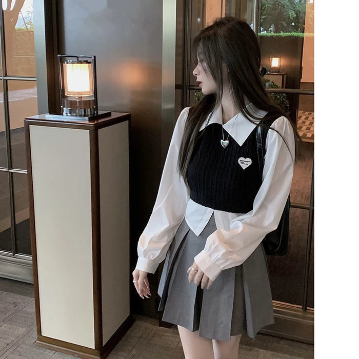 Women's Spring Autumn Preppy Style Clothing 2025 New Student Patchwork Shirt Mini Pleated Skirts Outfits High School Uniform