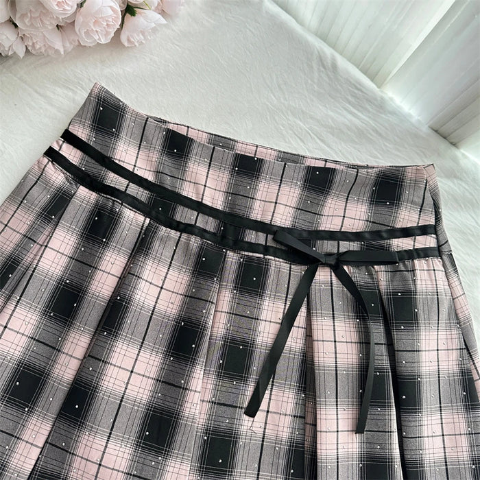 Summer Women Korean Shoujo Idols 2000s Gyaru Outfits 2 Piece Set Short Sleeve Crop Top With Tie + Mini Plaid Pleated Skirts