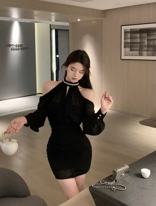 Off Shoulder Dresses for Women Spring Autumn 2025 Beach Korean Fashion One Pieces Curvy Hot Kpop Chiffon Woman Long Sleeve Dress