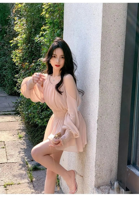 VenusFox Mini Dresses Women Spring Summer Off Shoulder Puff Long Sleeve Chiffon Sweet Ruched Elegant Dress Female Casual Fashion