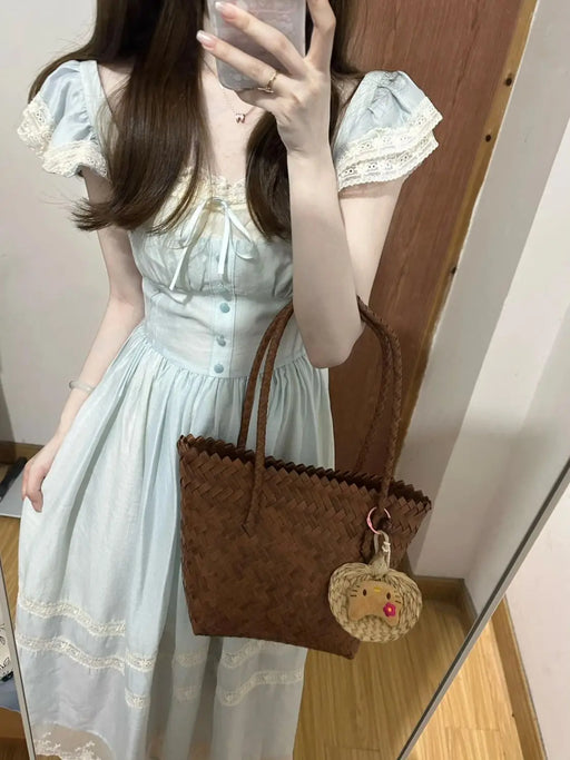 VenusFox French Retro Fairy Style Small Flying Sleeves Summer New Korean Temperament Lace Bow Blue Forest Style Dress Women