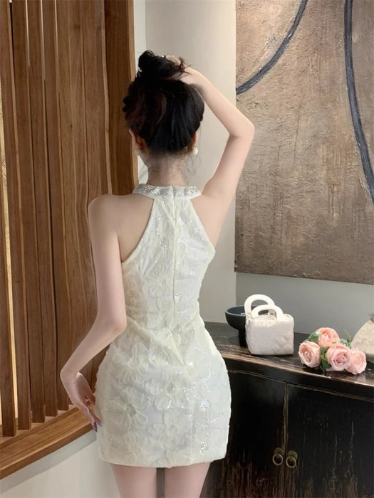 VenusFox Evening Dresses Women Flowers Elegant Mesh Patchwork Sleeveless Rhinestone Hollow Out Wedding Party Cocktail Birthday