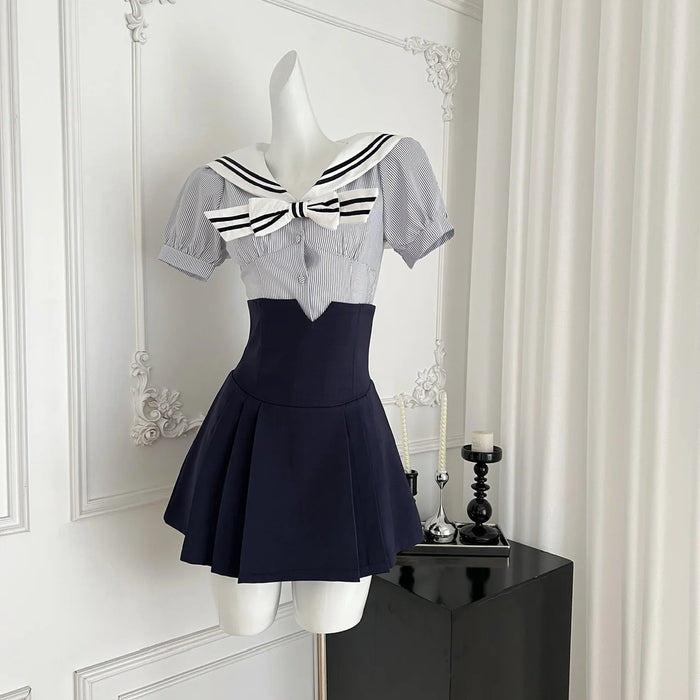 Summer Women Shoujo Korean Preppy Outfits 2 Piece School Uniform Set Striped Crop Sailor Collar Shirt + High Waist Pleated Skirt