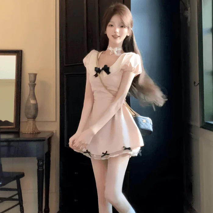 VenusFox French Cute Girl Pink Dress 2025 Summer Women New Gentle Lace Sweet Fresh Slimming Temperament Bow A-line Short Dresses