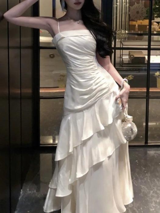 French Elegant Ruffles Sling Women's Mermaid Dresses Prom Gown Soild Zipper Tierred Shoulder Dress 2025 Summer Chic New Vestidos