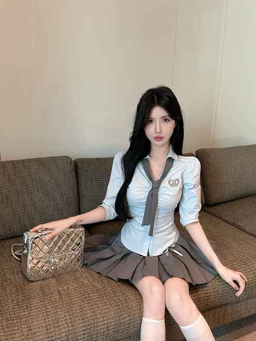 Korean College Sle Sweet And Spicy irt Top with Waist-Cinching Midi Skirt Set Cotton Blend Seven-quarter Sve Tie-waist