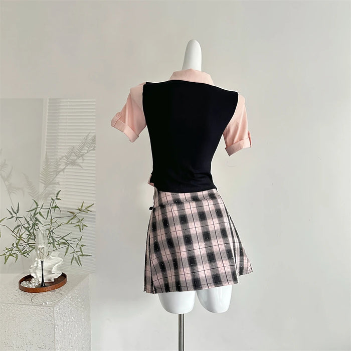 Summer Women Korean Shoujo Idols 2000s Gyaru Outfits 2 Piece Set Short Sleeve Crop Top With Tie + Mini Plaid Pleated Skirts