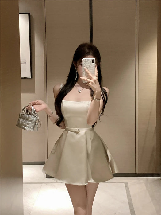 Ele Satin Slim Fit ter Dr Women's Summer High Waist Flared ort Skirt Slimming A-Line Dr Korean Sle Casual Wear