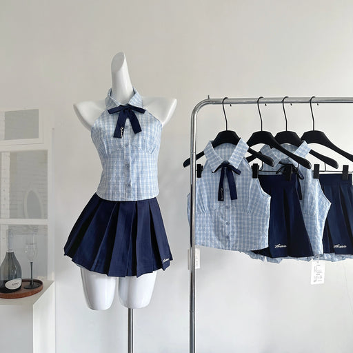 Summer Women Kpop Preppy Style 2000s Aesthetic Outfits 2 Piece Set Bow Plaid Tank Tops + High Waist A-line Mini Pleated Skirt