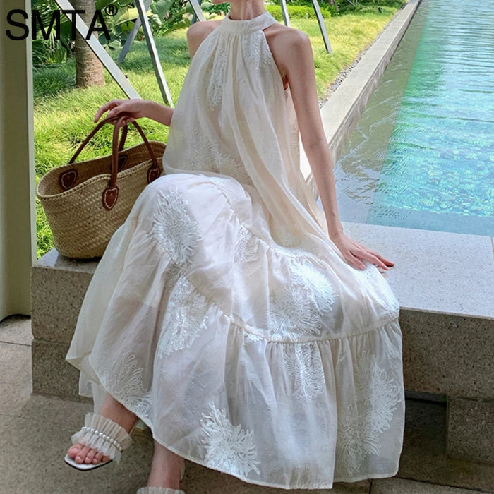 VenusFox Temperament Bohemian Seaside Resort Style Sexy Loose Hanging Neck Character Embroidery Sleeveless Midi Dress Women Summer