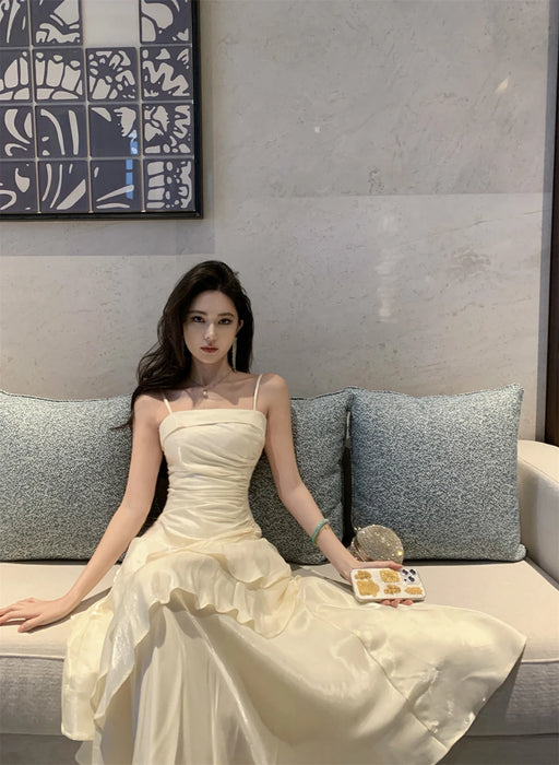 French Elegant Ruffles Sling Women's Mermaid Dresses Prom Gown Soild Zipper Tierred Shoulder Dress 2025 Summer Chic New Vestidos