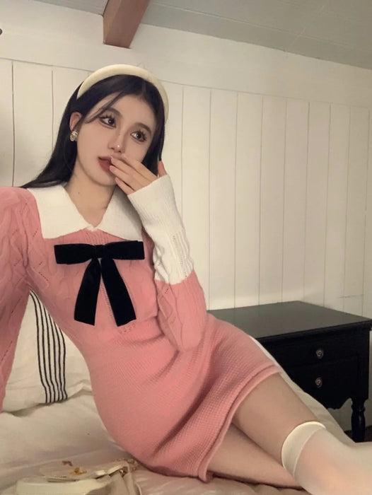Bow Female Knit Dress High Quality Deals Trend Fashion Korean Comfortable Casual Essential New in Pink Women's Crochet Dresses