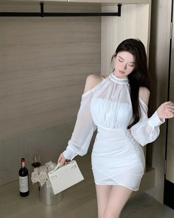 Off Shoulder Dresses for Women Spring Autumn 2025 Beach Korean Fashion One Pieces Curvy Hot Kpop Chiffon Woman Long Sleeve Dress
