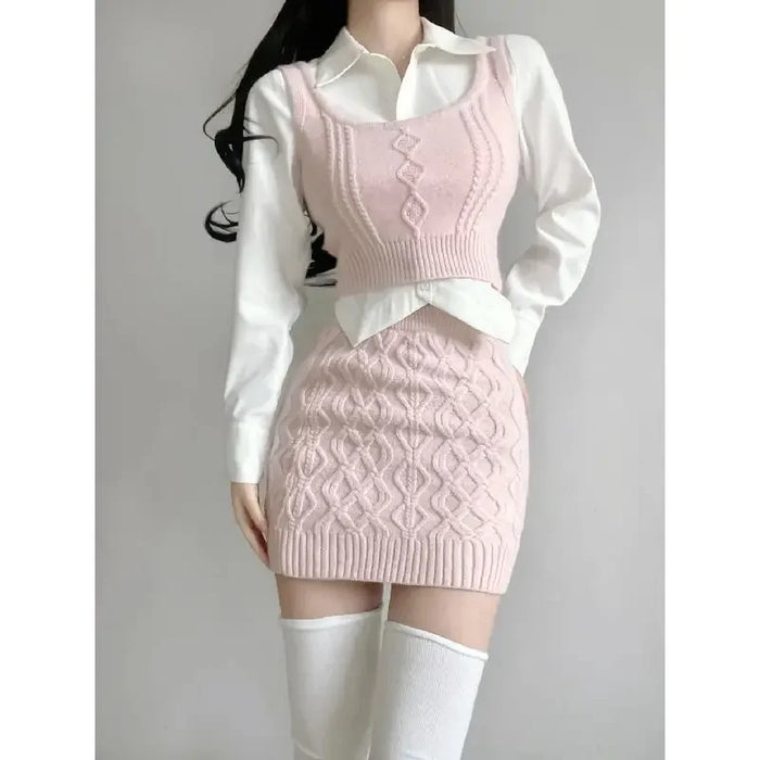 Women's Spring Suite Niche Korean Style Sweatervest Skirt Set Three Piece Single Piece Ins Fashion Overlay
