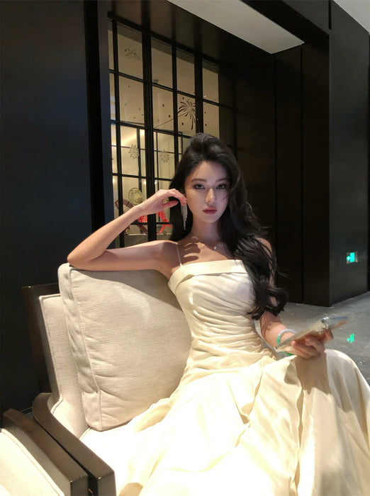 French Elegant Ruffles Sling Women's Mermaid Dresses Prom Gown Soild Zipper Tierred Shoulder Dress 2025 Summer Chic New Vestidos