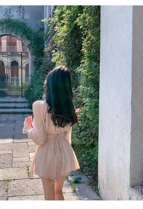 VenusFox Mini Dresses Women Spring Summer Off Shoulder Puff Long Sleeve Chiffon Sweet Ruched Elegant Dress Female Casual Fashion