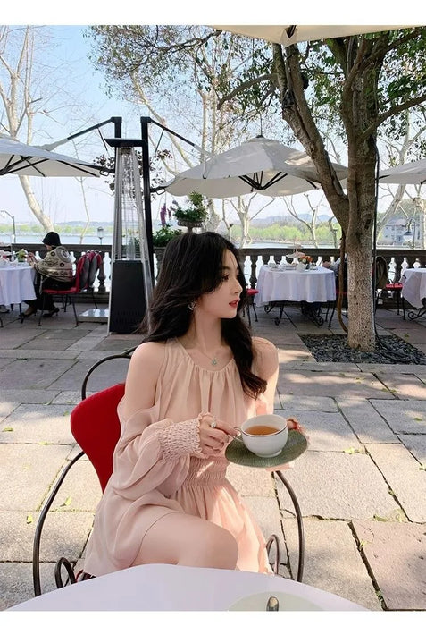VenusFox Mini Dresses Women Spring Summer Off Shoulder Puff Long Sleeve Chiffon Sweet Ruched Elegant Dress Female Casual Fashion