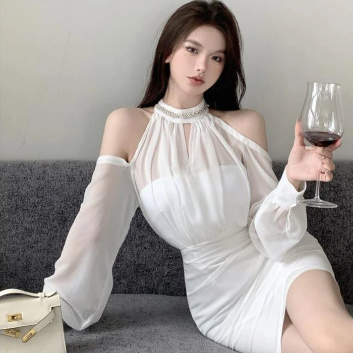 Off Shoulder Dresses for Women Spring Autumn 2025 Beach Korean Fashion One Pieces Curvy Hot Kpop Chiffon Woman Long Sleeve Dress