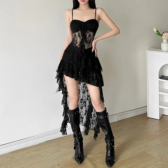 VenusFox Women Lace Irregular Long Dress Camis Sheath Sensual Sheer Dress Fashion Streetwear Hollow Out Ruffles Sexy Dresses