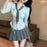 Korean College Sle Sweet And Spicy irt Top with Waist-Cinching Midi Skirt Set Cotton Blend Seven-quarter Sve Tie-waist