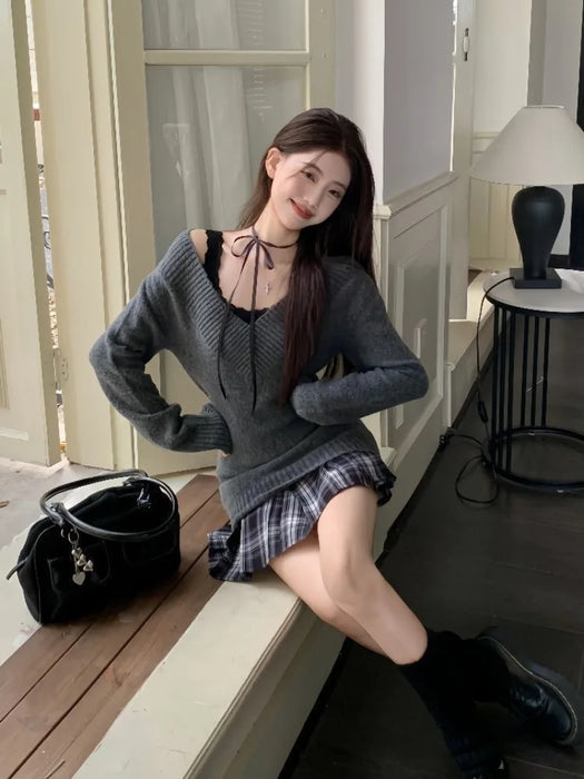 3 Pieces Set Outfits Women Korean Style Two Piece Set Knit Top Pleated Plaid Skirt Matching Set New 2000s Clothes Y2k Gyaru Girl