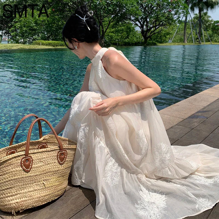 VenusFox Temperament Bohemian Seaside Resort Style Sexy Loose Hanging Neck Character Embroidery Sleeveless Midi Dress Women Summer