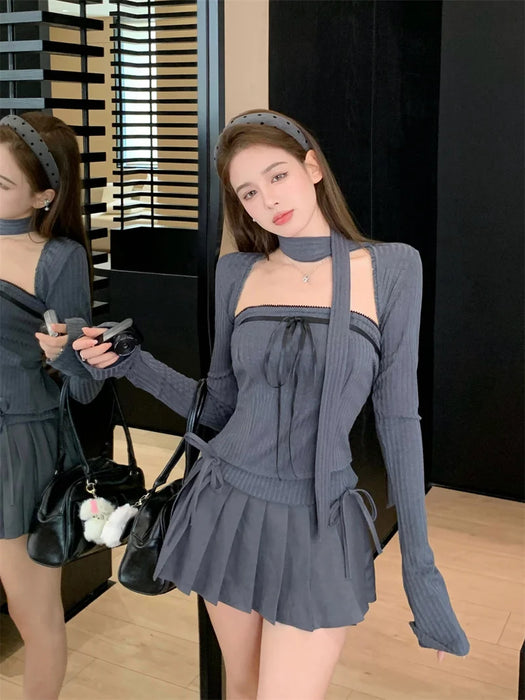 Korean Chic Spicy Girl Long Sleeve Cardigan Slim Fit Tube Top Bow High Waist Pleated Short Skirt Set Two Piece Set Women Outfits