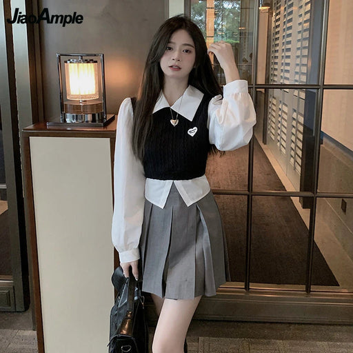 Women's Spring Autumn Preppy Style Clothing 2025 New Student Patchwork Shirt Mini Pleated Skirts Outfits High School Uniform