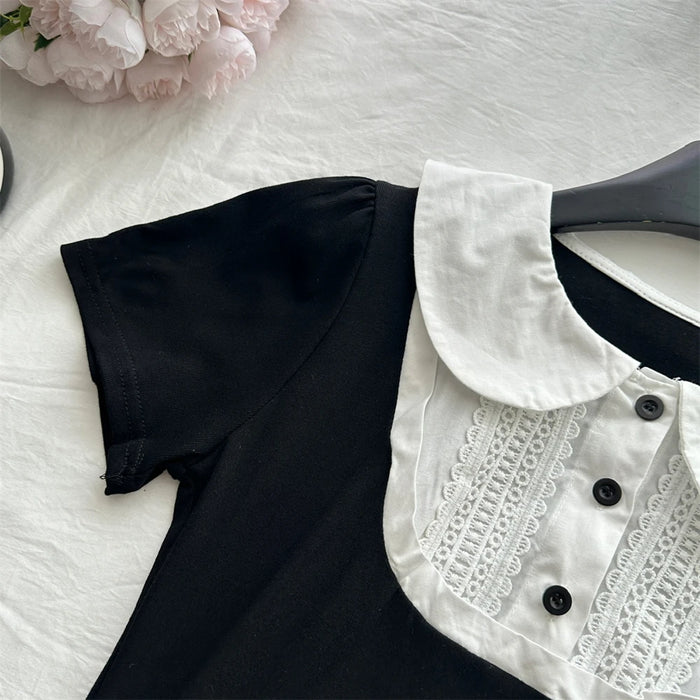 Summer Women Korean Mori Girl 2000s Aesthetic Cute Core Outfits 2 Piece Set Short Sleeve Peter Pan Collar Crop Top + Midi Skirt