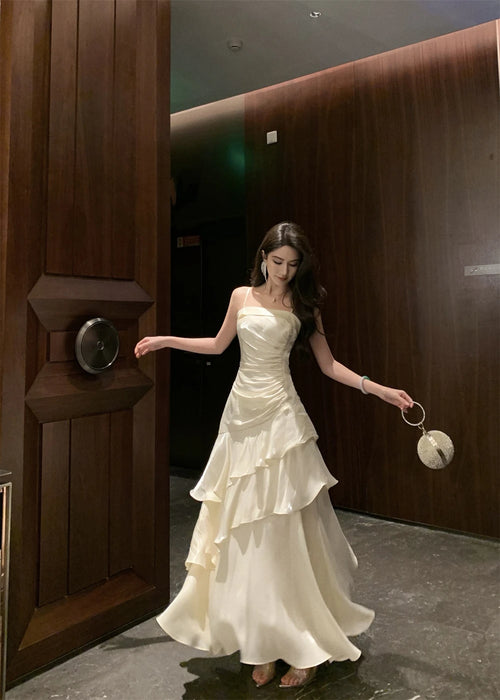 French Elegant Ruffles Sling Women's Mermaid Dresses Prom Gown Soild Zipper Tierred Shoulder Dress 2025 Summer Chic New Vestidos