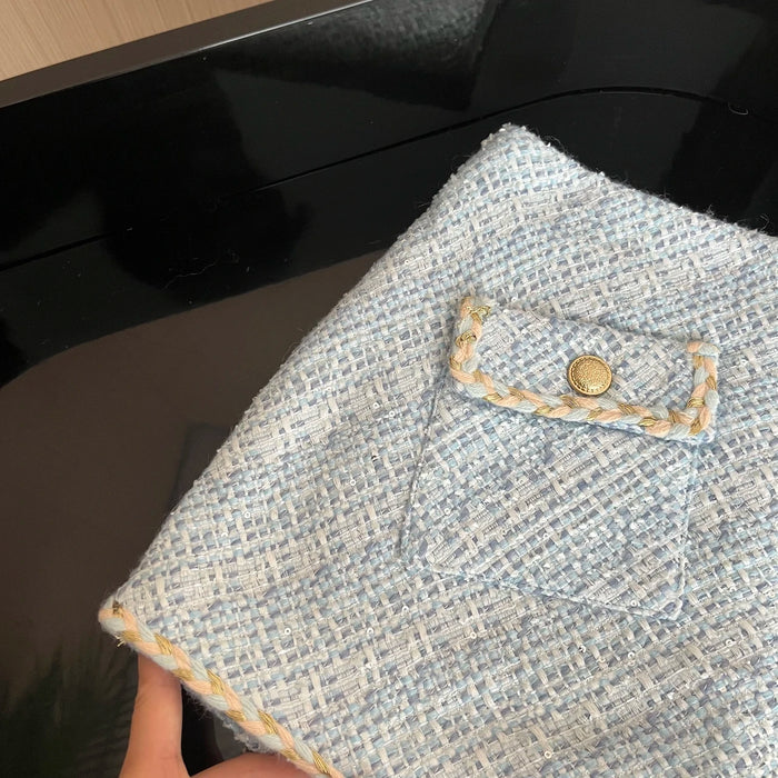 Elegant Chic Vintage Tweed Sets Women Outfits Puff Sleeve Double Breasted Cropped Tops + Asymmetrical Mini Skirt Two Piece Suits