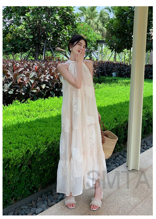 VenusFox Temperament Bohemian Seaside Resort Style Sexy Loose Hanging Neck Character Embroidery Sleeveless Midi Dress Women Summer