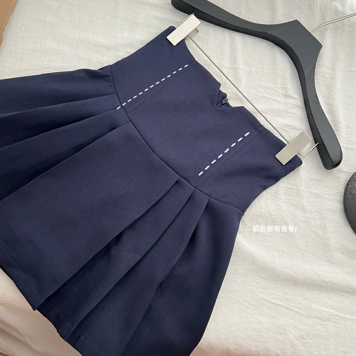 Summer Women Shoujo Korean Preppy Outfits 2 Piece School Uniform Set Striped Crop Sailor Collar Shirt + High Waist Pleated Skirt