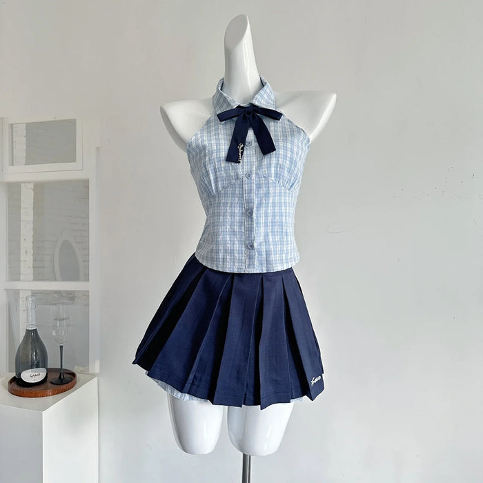 Summer Women Kpop Preppy Style 2000s Aesthetic Outfits 2 Piece Set Bow Plaid Tank Tops + High Waist A-line Mini Pleated Skirt