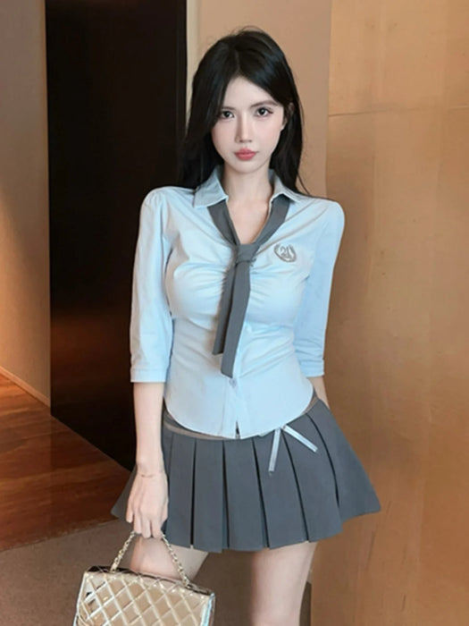 Korean College Sle Sweet And Spicy irt Top with Waist-Cinching Midi Skirt Set Cotton Blend Seven-quarter Sve Tie-waist