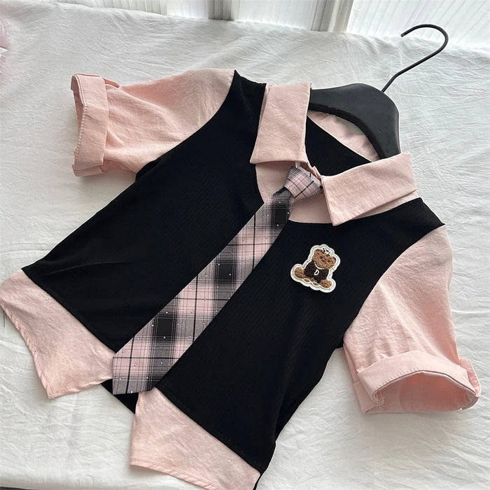Summer Women Korean Shoujo Idols 2000s Gyaru Outfits 2 Piece Set Short Sleeve Crop Top With Tie + Mini Plaid Pleated Skirts