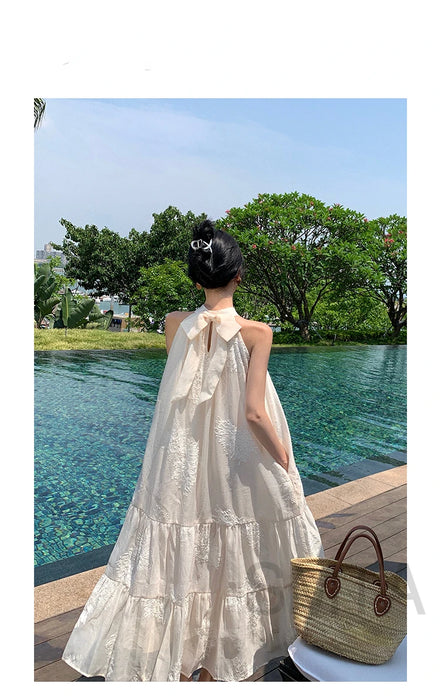 VenusFox Temperament Bohemian Seaside Resort Style Sexy Loose Hanging Neck Character Embroidery Sleeveless Midi Dress Women Summer