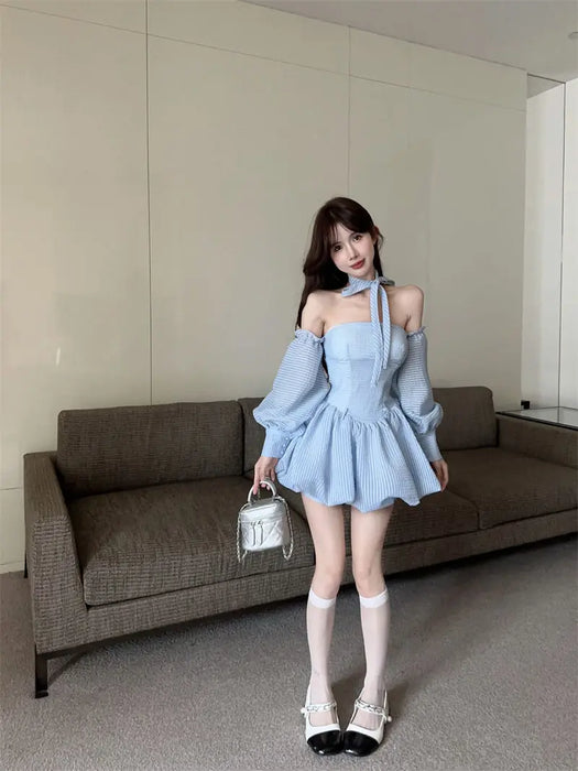 VenusFox French Strapless Dress Women Spring Summer Temperament High-end Sexy Backless Princess Puffy Dresses Shorts Set