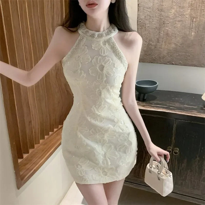 VenusFox Evening Dresses Women Flowers Elegant Mesh Patchwork Sleeveless Rhinestone Hollow Out Wedding Party Cocktail Birthday
