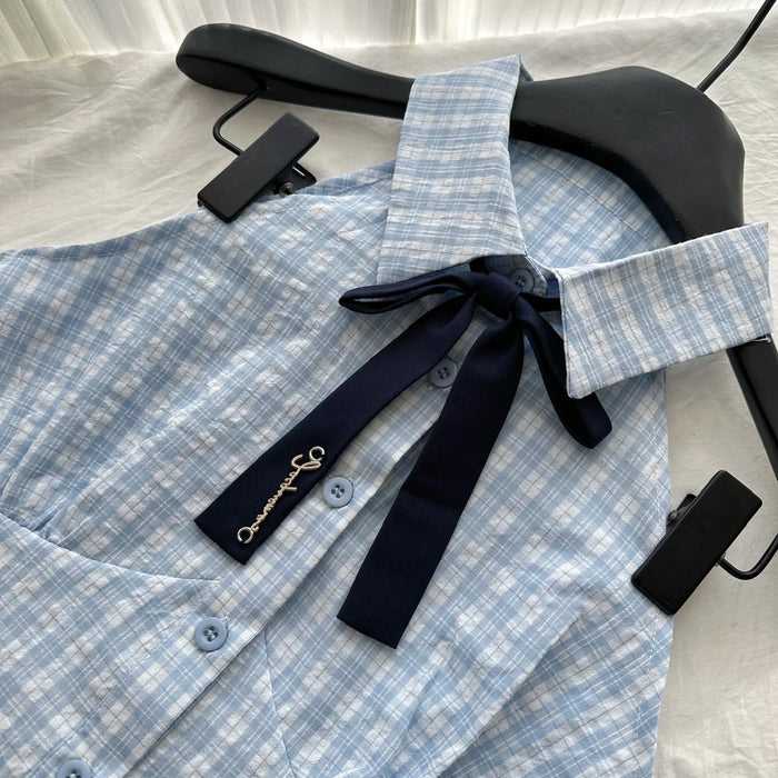 Summer Women Kpop Preppy Style 2000s Aesthetic Outfits 2 Piece Set Bow Plaid Tank Tops + High Waist A-line Mini Pleated Skirt