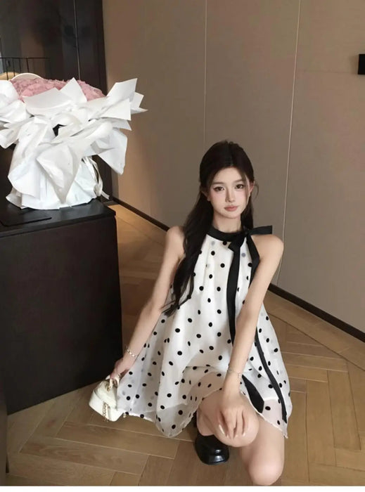 VenusFox Fairy Halter Polka Dot Mini Dress Women Summer Lace Up Bow Off Shoulder Chiffon A-line Dresses Fashion Party Vestidos
