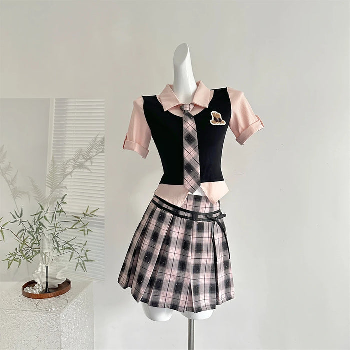 Summer Women Korean Shoujo Idols 2000s Gyaru Outfits 2 Piece Set Short Sleeve Crop Top With Tie + Mini Plaid Pleated Skirts